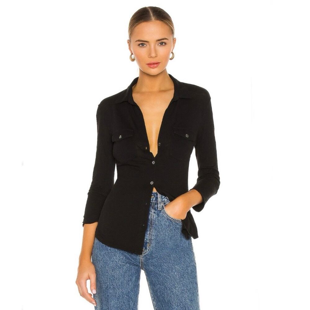 James Perse Contrast Panel Shirt Top Button Down Black Cotton Size 2 M